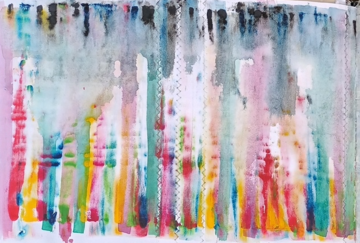 A painting using wash effects to create stripes of many colours blended together. At the top are muted colours, blues, greys, blacks. At the bottom bright colours, dominated by reds, yellows, pinks.